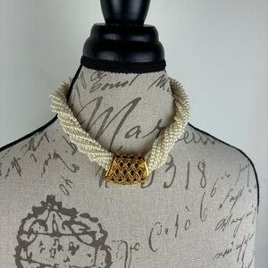 Vintage Cream Multi-Strand Pearl Twist Necklace with Gold Accent